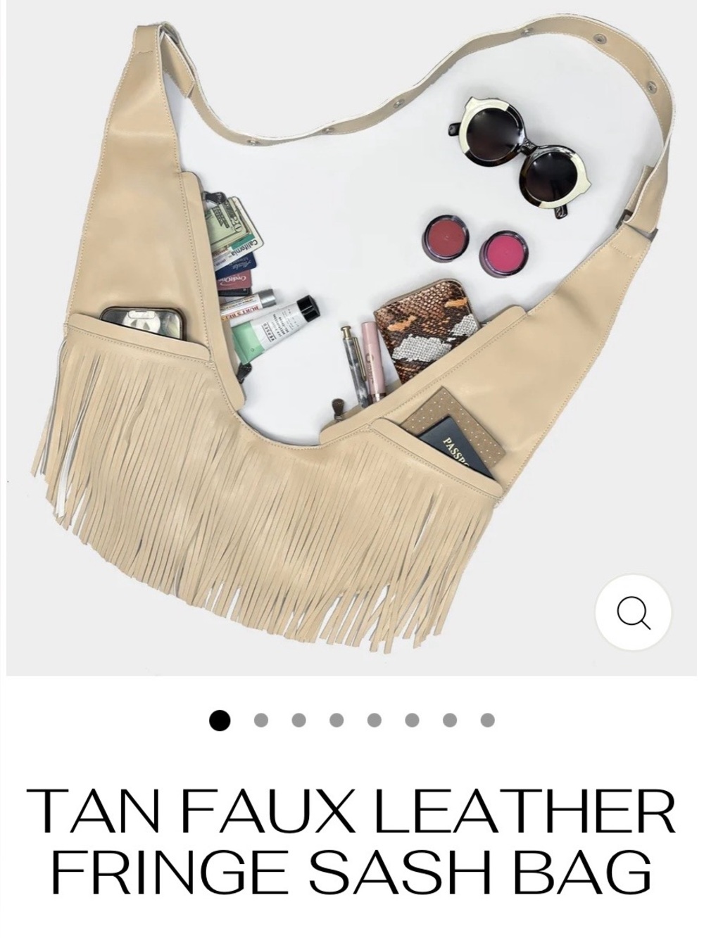 Sash Bag Vegan Leather Tan Fringed Crossbody Bag with Embellishments